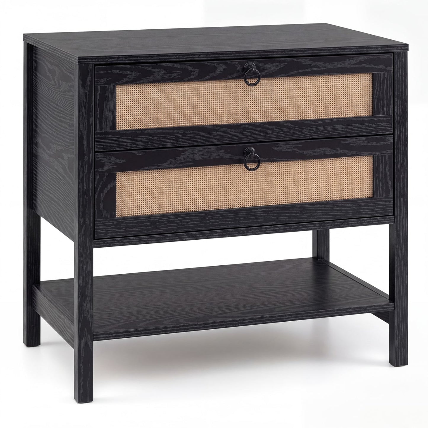 Rattan Nightstand, 2 Drawers, Open Shelf, Black