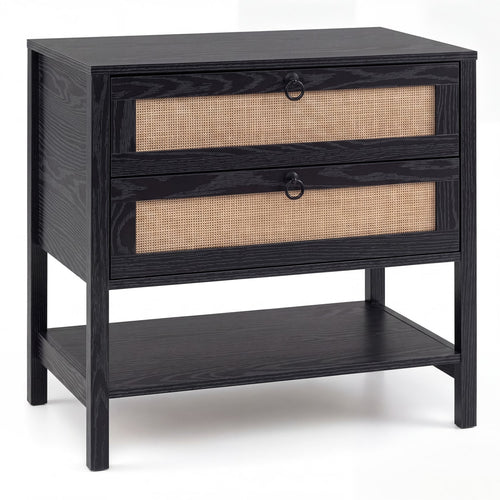 Rattan Nightstand, 2 Drawers, Open Shelf, Black