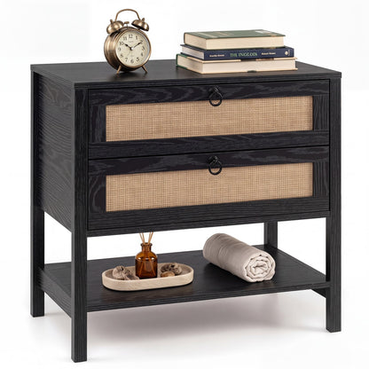 Rattan Nightstand, 2 Drawers, Open Shelf, Black