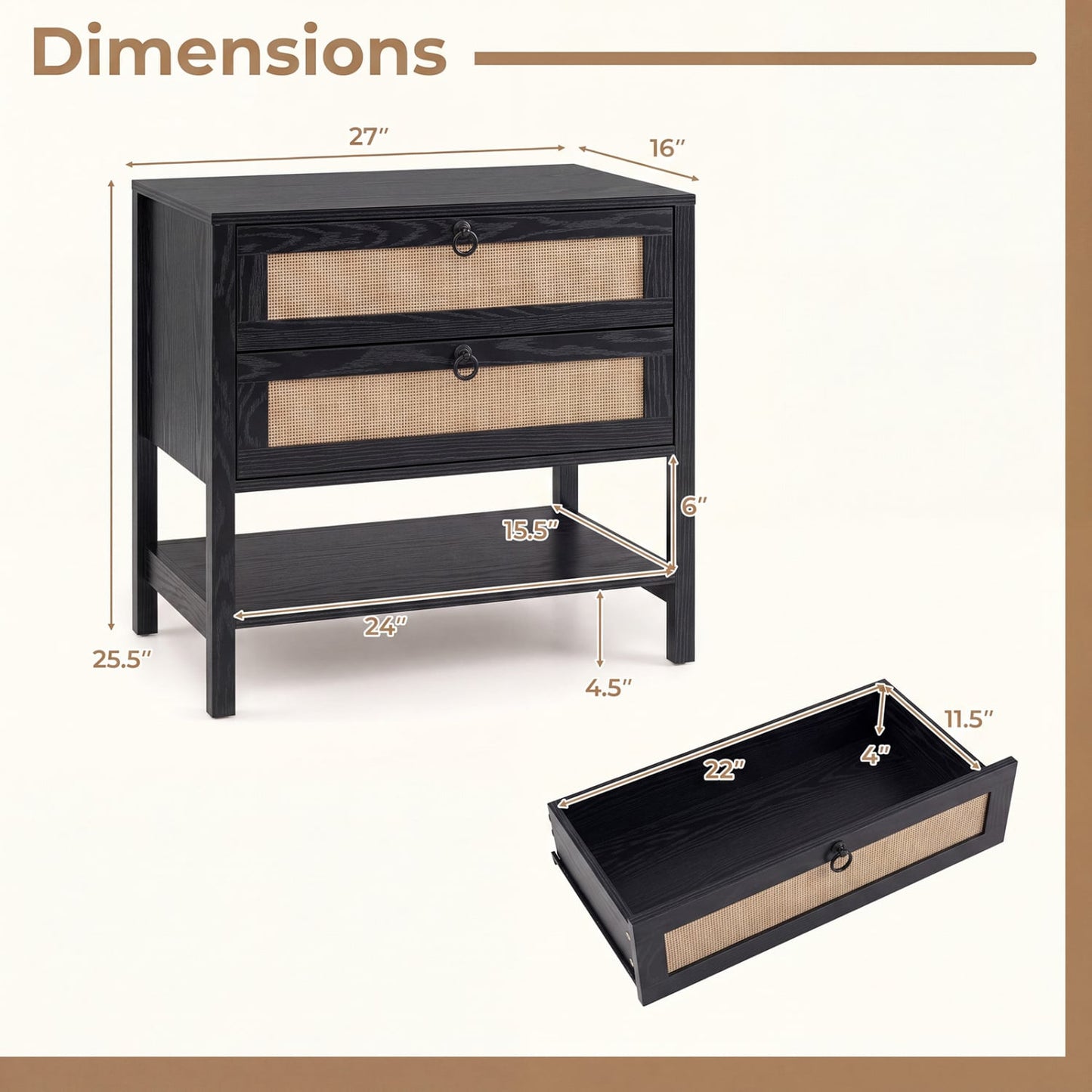 Rattan Nightstand, 2 Drawers, Open Shelf, Black