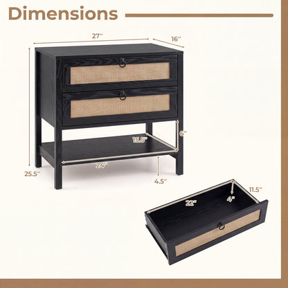 Rattan Nightstand, 2 Drawers, Open Shelf, Black