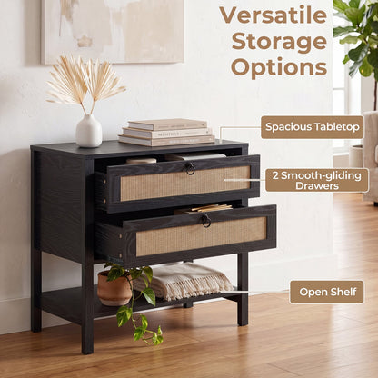 Rattan Nightstand, 2 Drawers, Open Shelf, Black