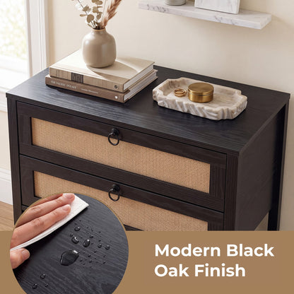 Rattan Nightstand, 2 Drawers, Open Shelf, Black