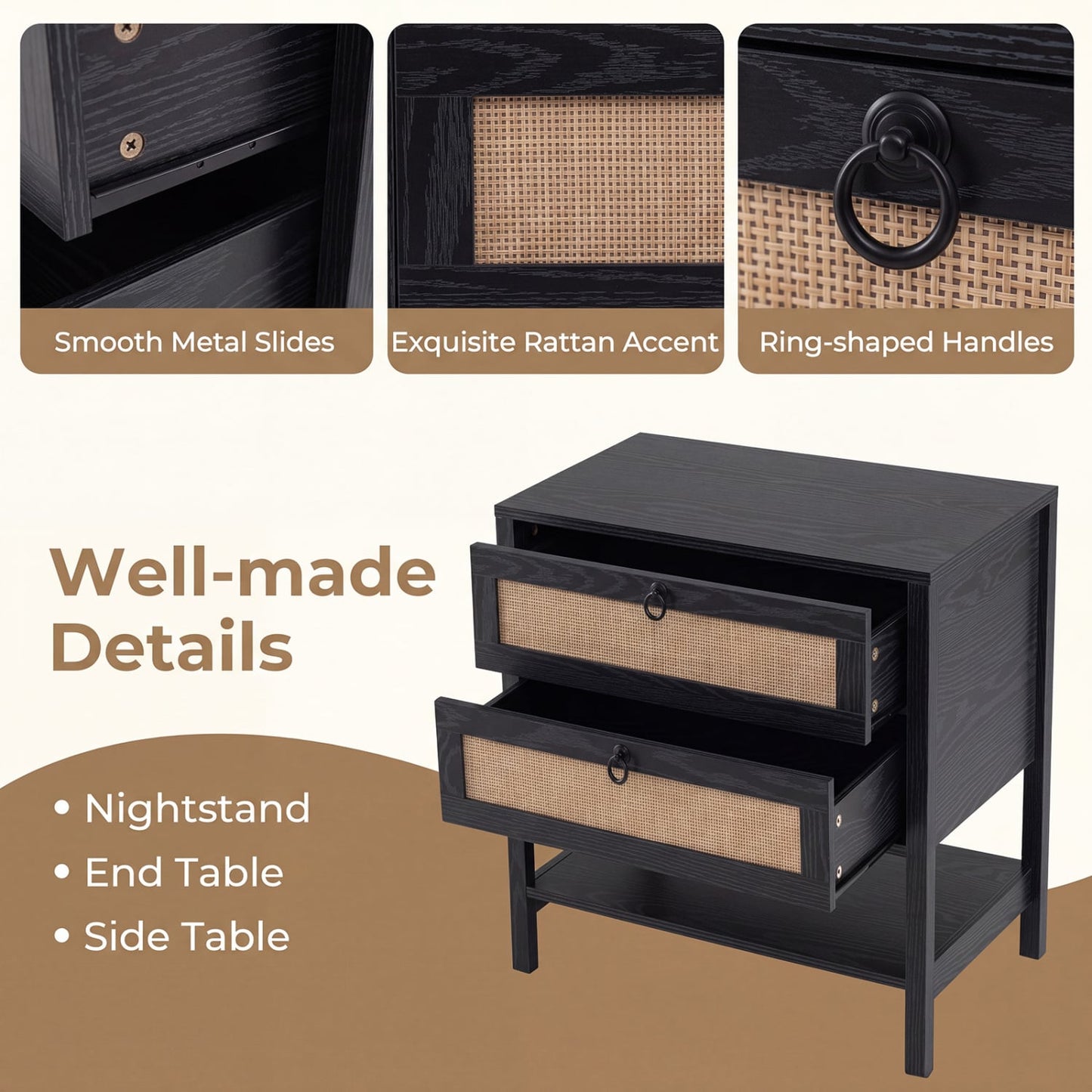 Rattan Nightstand, 2 Drawers, Open Shelf, Black