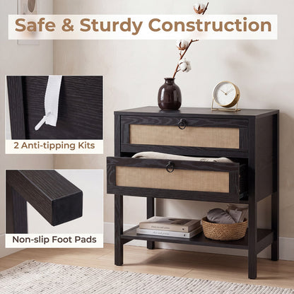 Rattan Nightstand, 2 Drawers, Open Shelf, Black