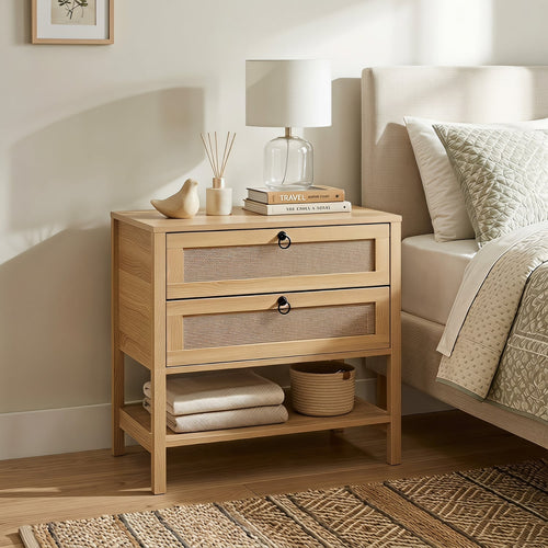 Boho Rattan Nightstand, 2 Drawers Open Shelf
