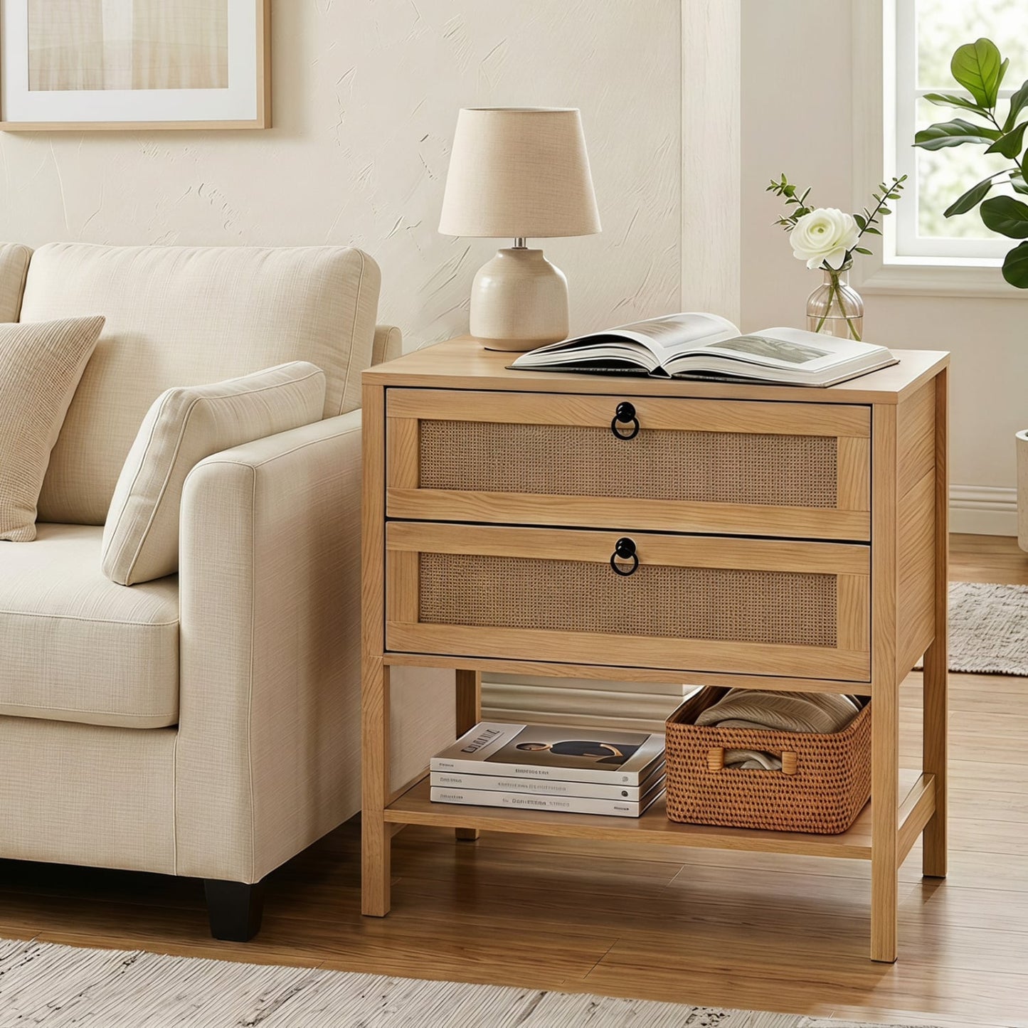 Boho Rattan Nightstand, 2 Drawers Open Shelf