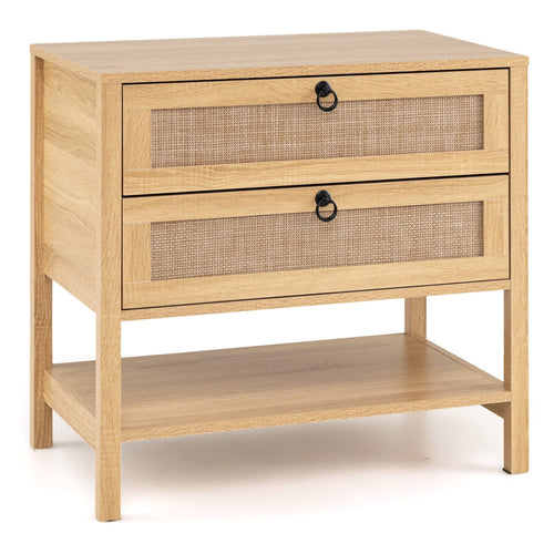 Boho Rattan Nightstand, 2 Drawers Open Shelf
