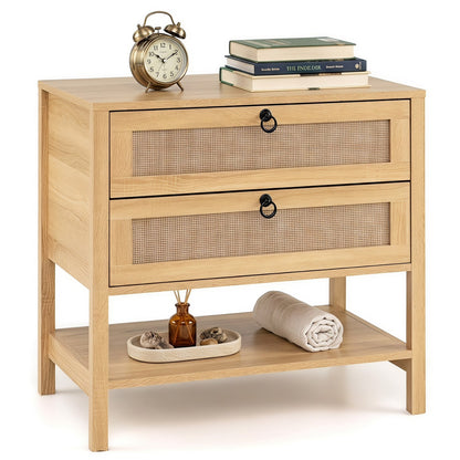 Boho Rattan Nightstand, 2 Drawers Open Shelf