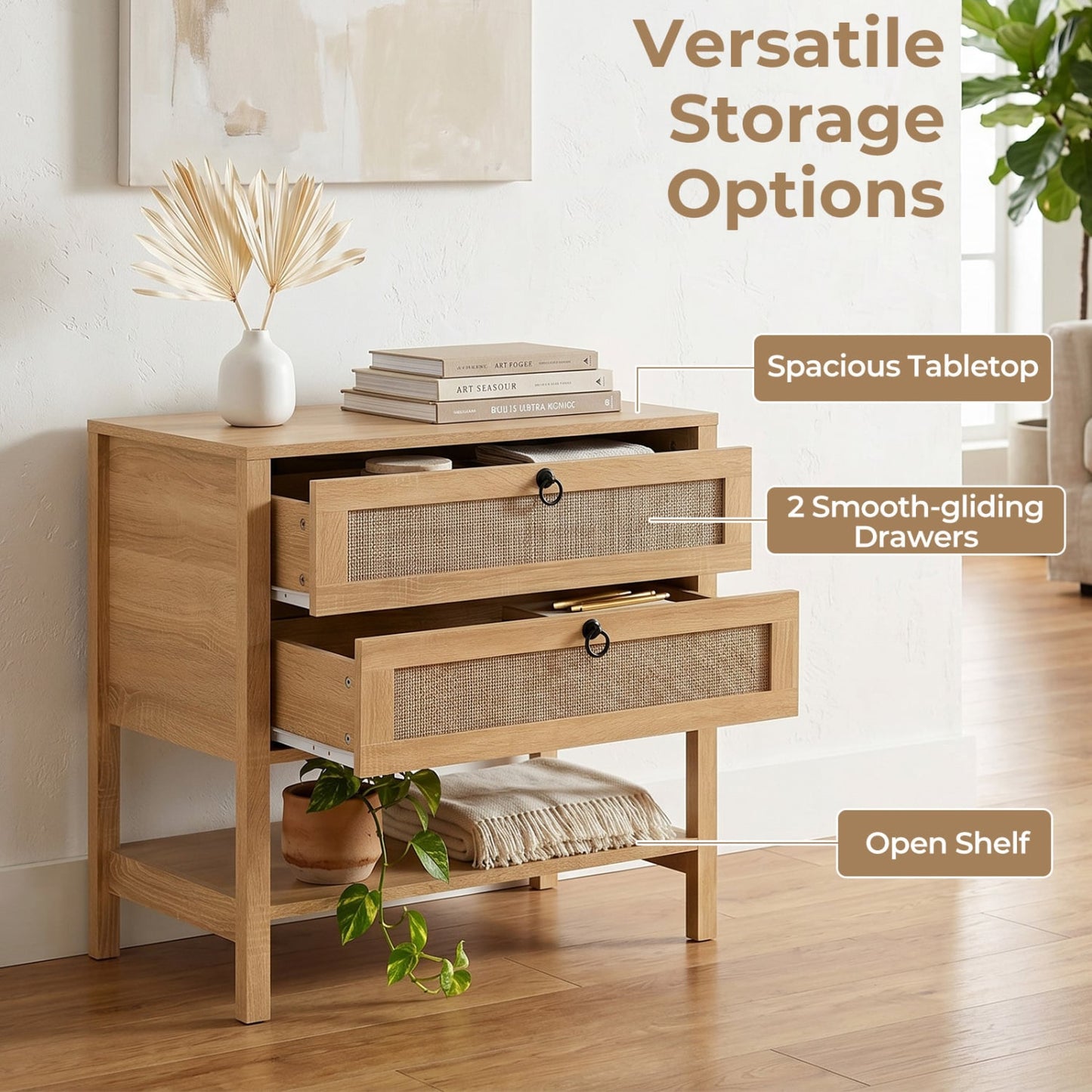 Boho Rattan Nightstand, 2 Drawers Open Shelf