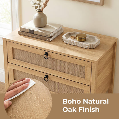 Boho Rattan Nightstand, 2 Drawers Open Shelf