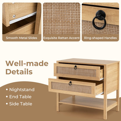 Boho Rattan Nightstand, 2 Drawers Open Shelf