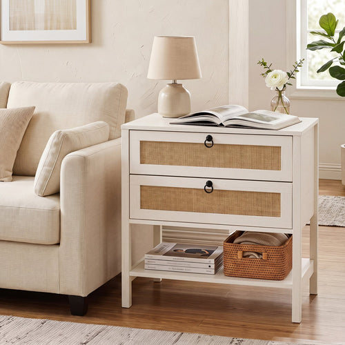 Boho Rattan Nightstand, 2 Drawers, Open Shelf, White