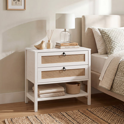 Boho Rattan Nightstand, 2 Drawers, Open Shelf, White