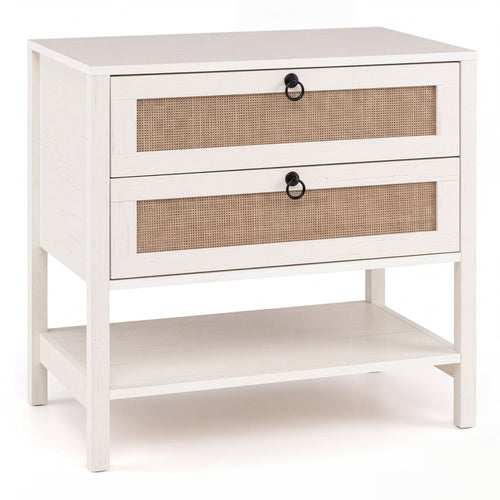 Boho Rattan Nightstand, 2 Drawers, Open Shelf, White