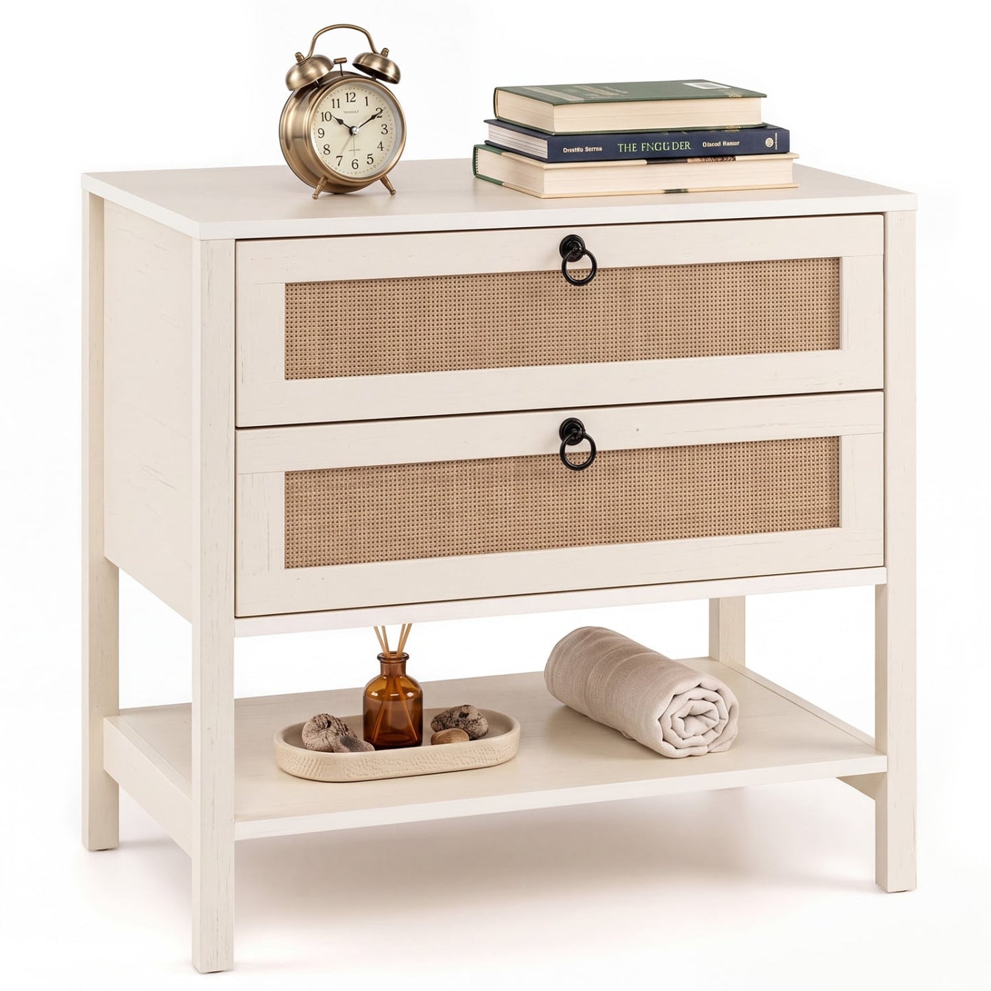 Boho Rattan Nightstand, 2 Drawers, Open Shelf, White
