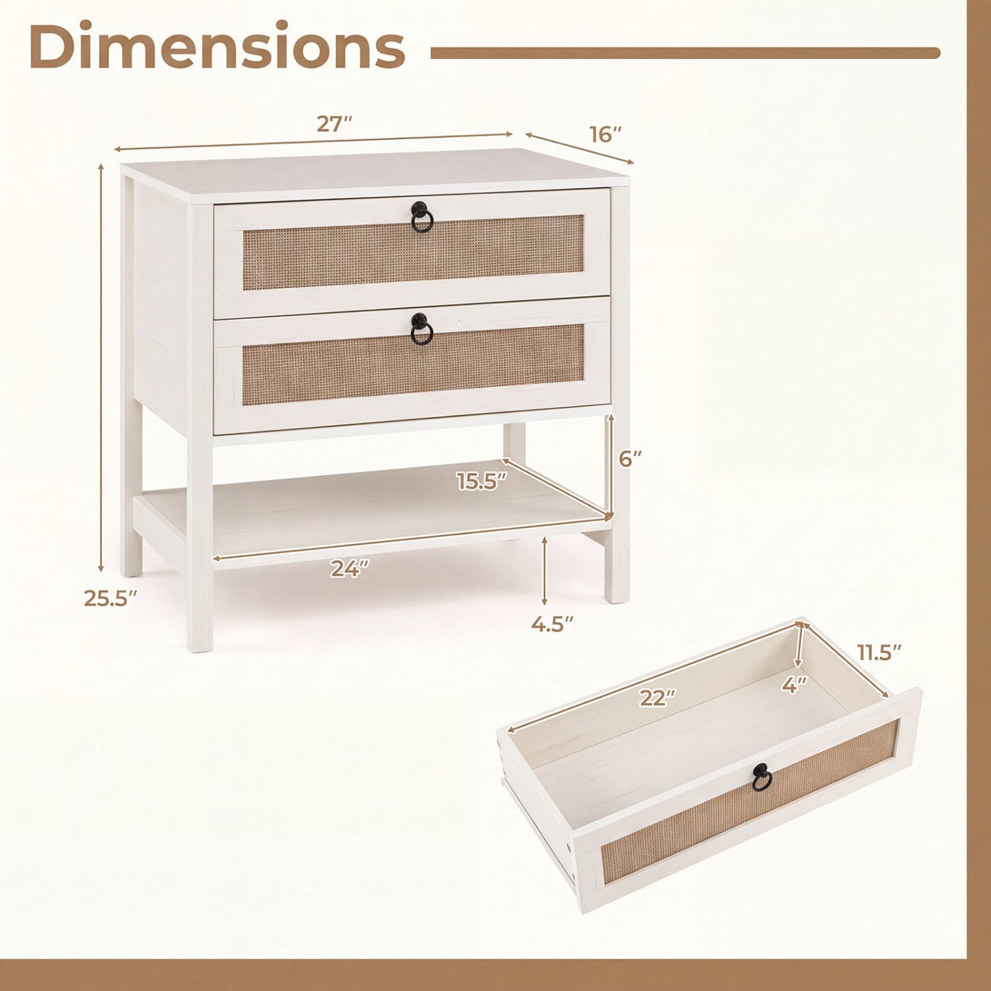 Boho Rattan Nightstand, 2 Drawers, Open Shelf, White