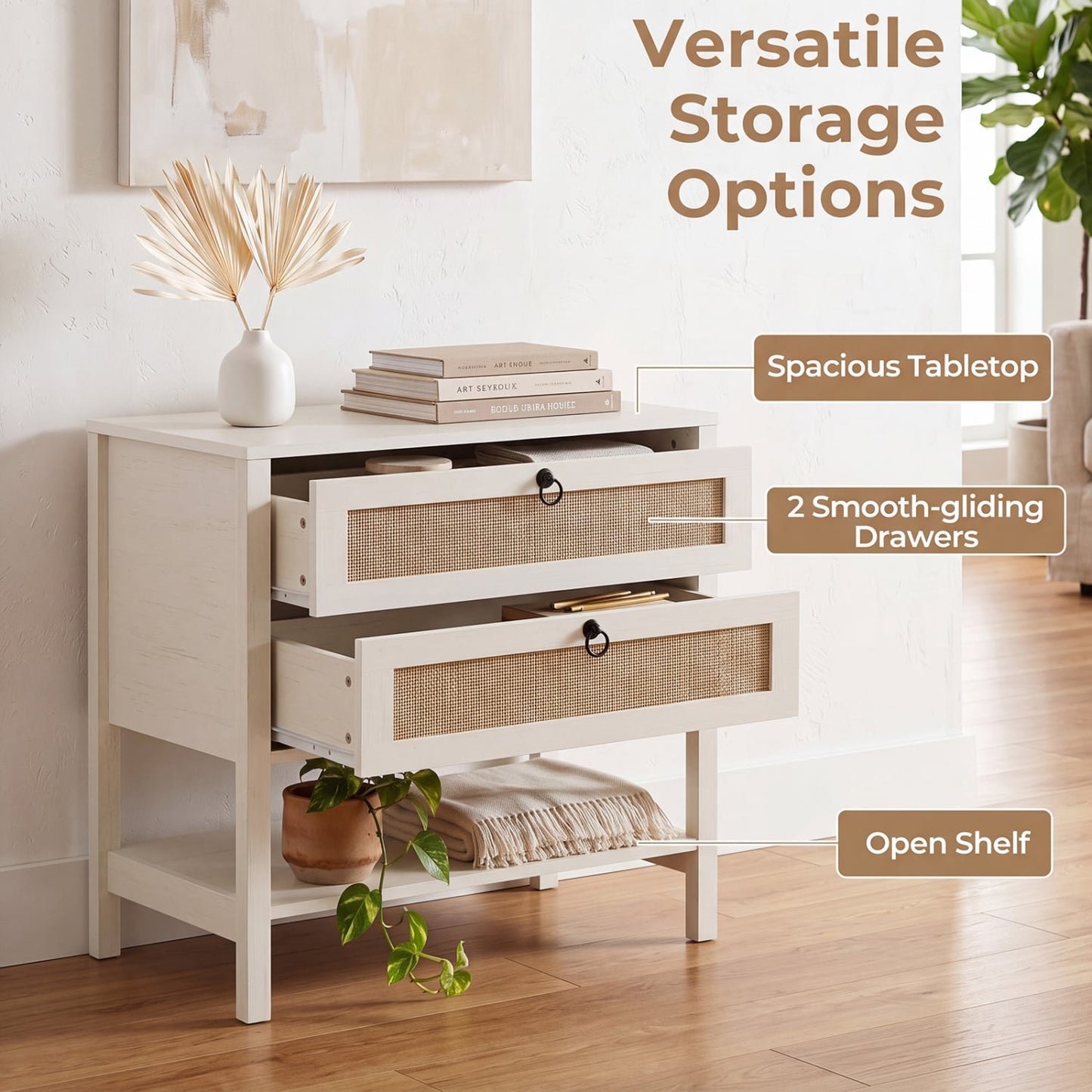 Boho Rattan Nightstand, 2 Drawers, Open Shelf, White