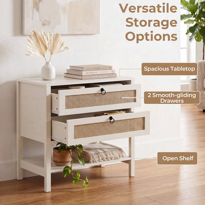 Boho Rattan Nightstand, 2 Drawers, Open Shelf, White