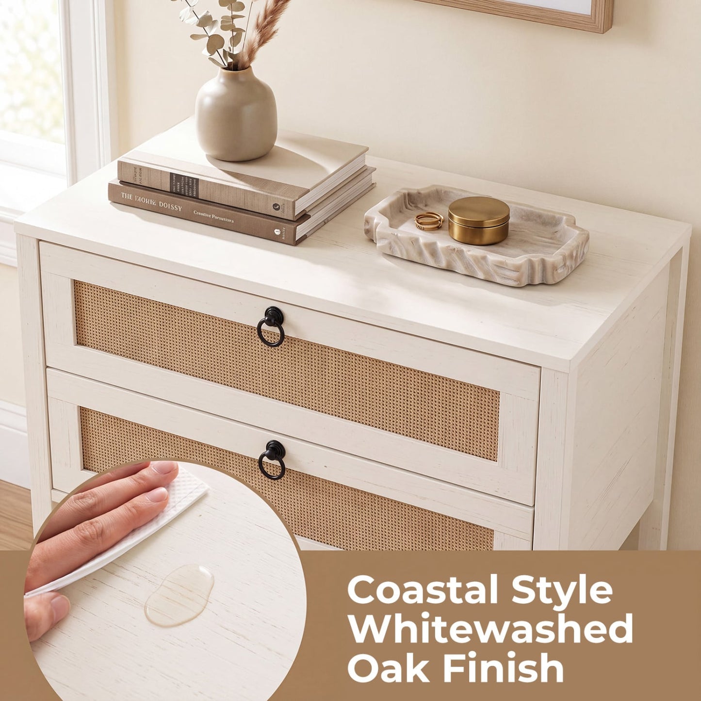 Boho Rattan Nightstand, 2 Drawers, Open Shelf, White