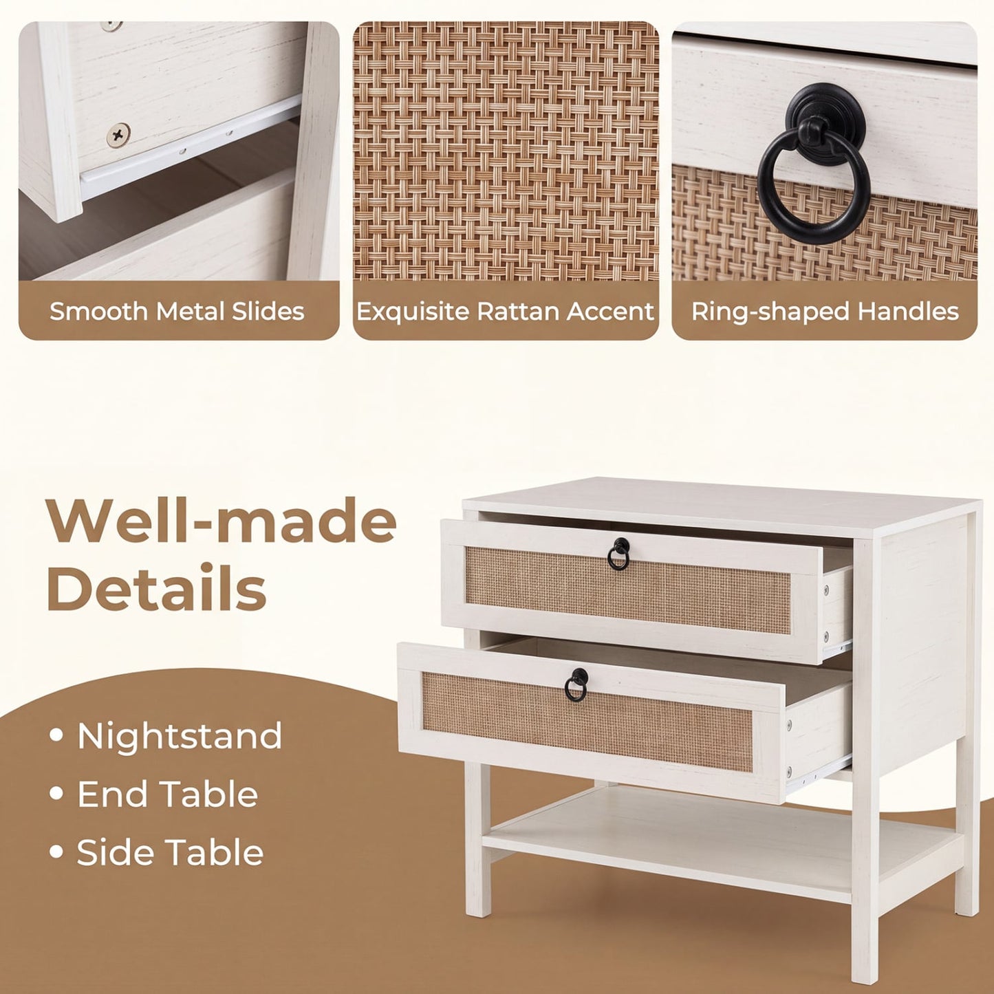 Boho Rattan Nightstand, 2 Drawers, Open Shelf, White