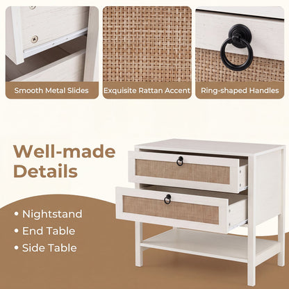 Boho Rattan Nightstand, 2 Drawers, Open Shelf, White