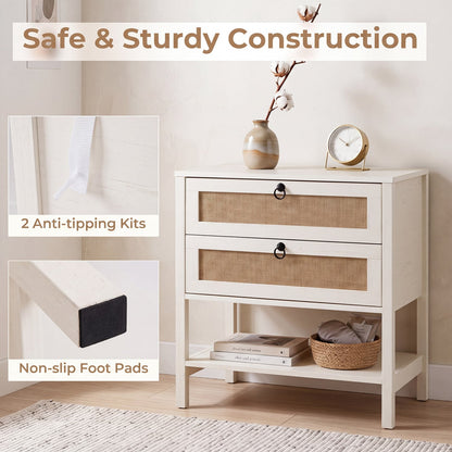 Boho Rattan Nightstand, 2 Drawers, Open Shelf, White