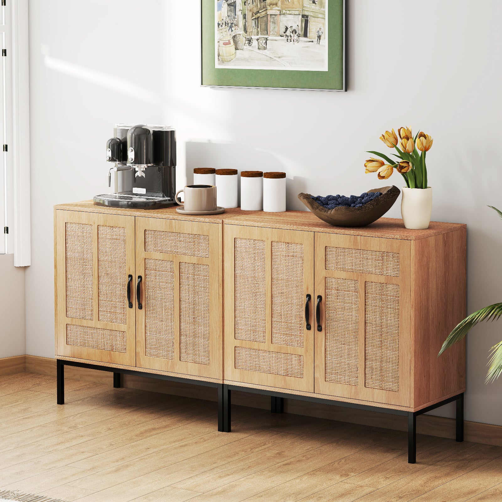 Boho Storage Cabinet with Asymmetrical Pattern Doors for Kitchen, Natural Sideboards Cabinets & Buffets at Gallery Canada