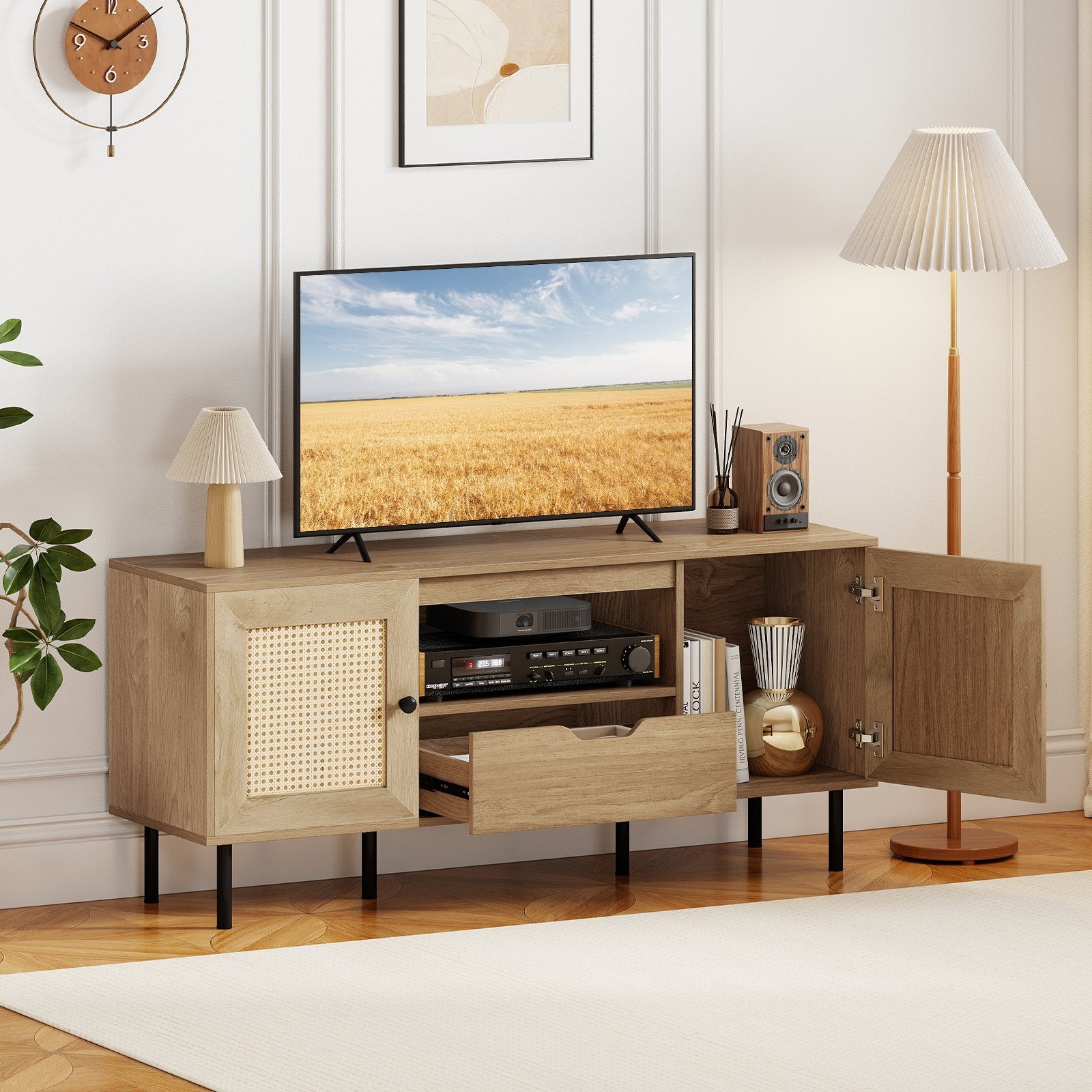 Boho TV Stand for 60 Inch TV Entertainment Center with Cabinets and Storage Shelf, Natural Entertainment Centers & TV Stands at Gallery Canada