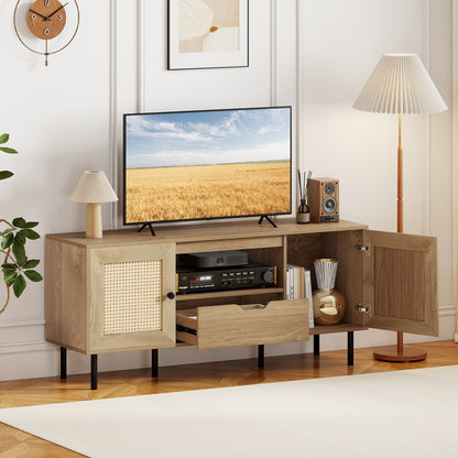 Boho TV Stand for 60 Inch TV Entertainment Center with Cabinets and Storage Shelf, Natural Entertainment Centers & TV Stands at Gallery Canada