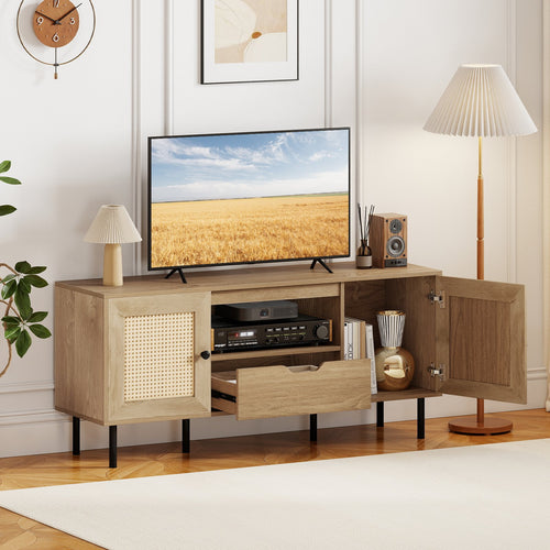 Boho TV Stand for 60 Inch TV Entertainment Center with Cabinets and Storage Shelf, Natural