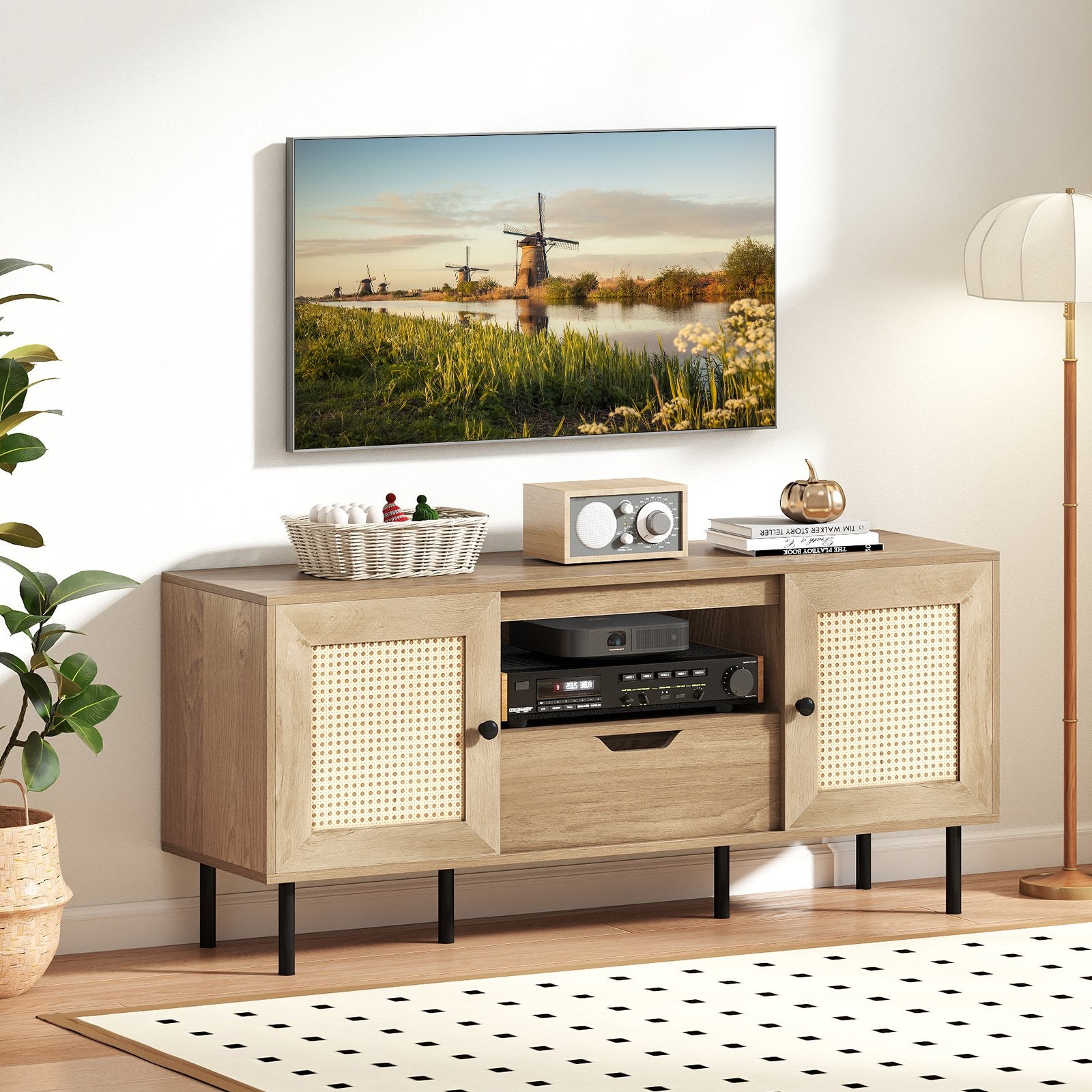 Boho TV Stand for 60 Inch TV Entertainment Center with Cabinets and Storage Shelf, Natural Entertainment Centers & TV Stands at Gallery Canada