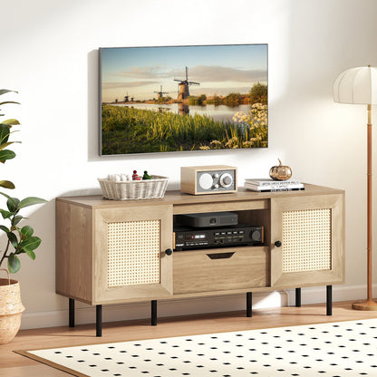 Boho TV Stand for 60 Inch TV Entertainment Center with Cabinets and Storage Shelf, Natural Entertainment Centers & TV Stands at Gallery Canada