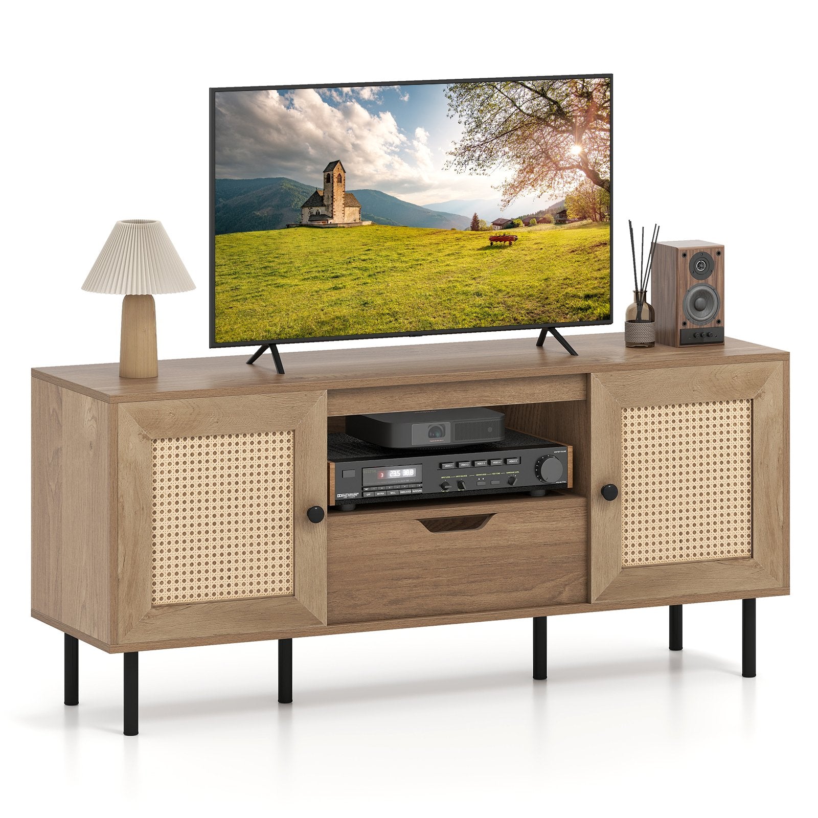 Boho TV Stand for 60 Inch TV Entertainment Center with Cabinets and Storage Shelf, Natural Entertainment Centers & TV Stands Natural at Gallery Canada