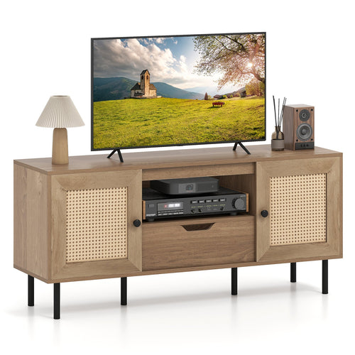 Boho TV Stand for 60 Inch TV Entertainment Center with Cabinets and Storage Shelf, Natural