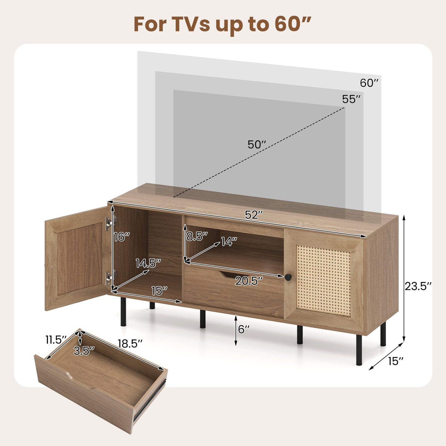 Boho TV Stand for 60 Inch TV Entertainment Center with Cabinets and Storage Shelf, Natural Entertainment Centers & TV Stands at Gallery Canada