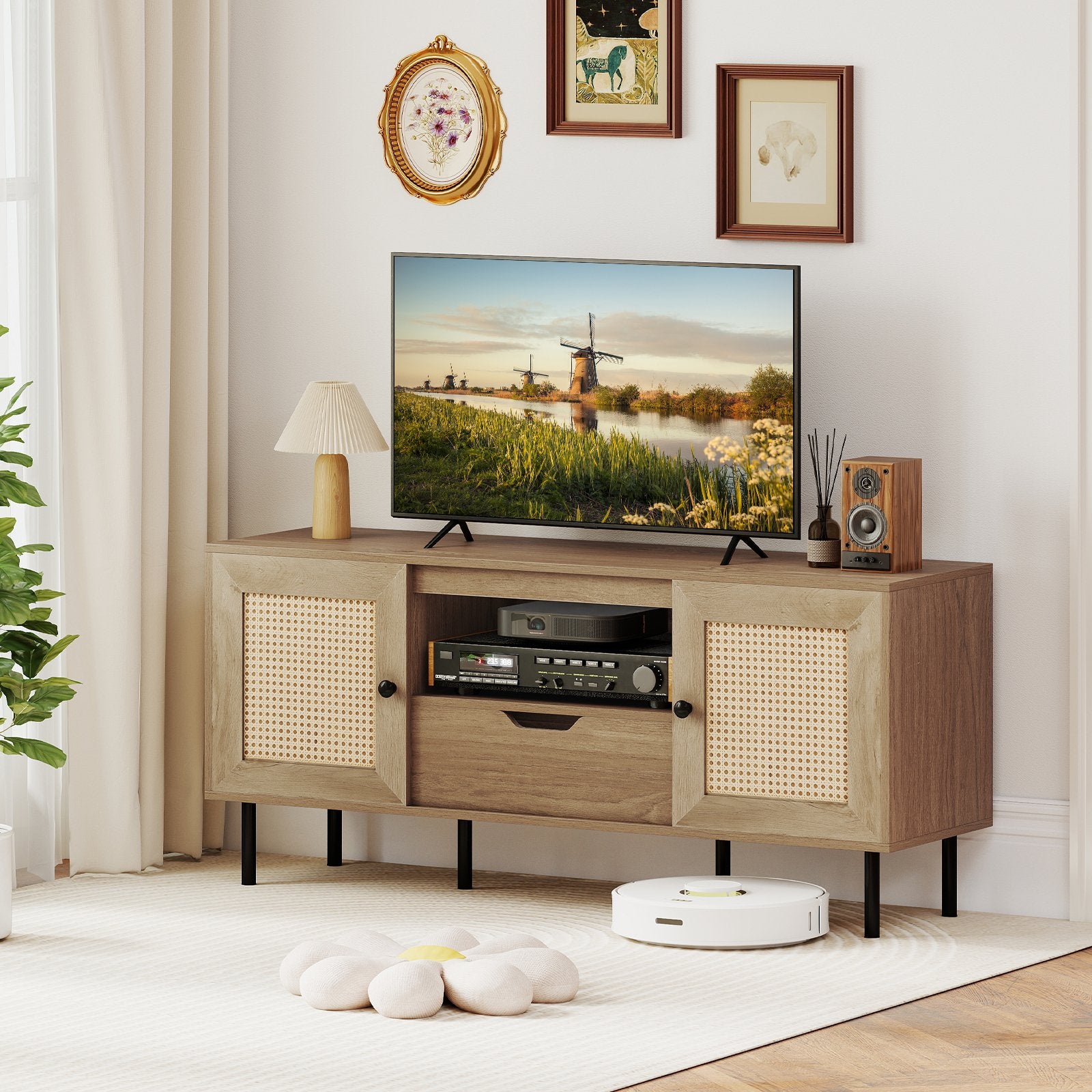 Boho TV Stand for 60 Inch TV Entertainment Center with Cabinets and Storage Shelf, Natural Entertainment Centers & TV Stands at Gallery Canada