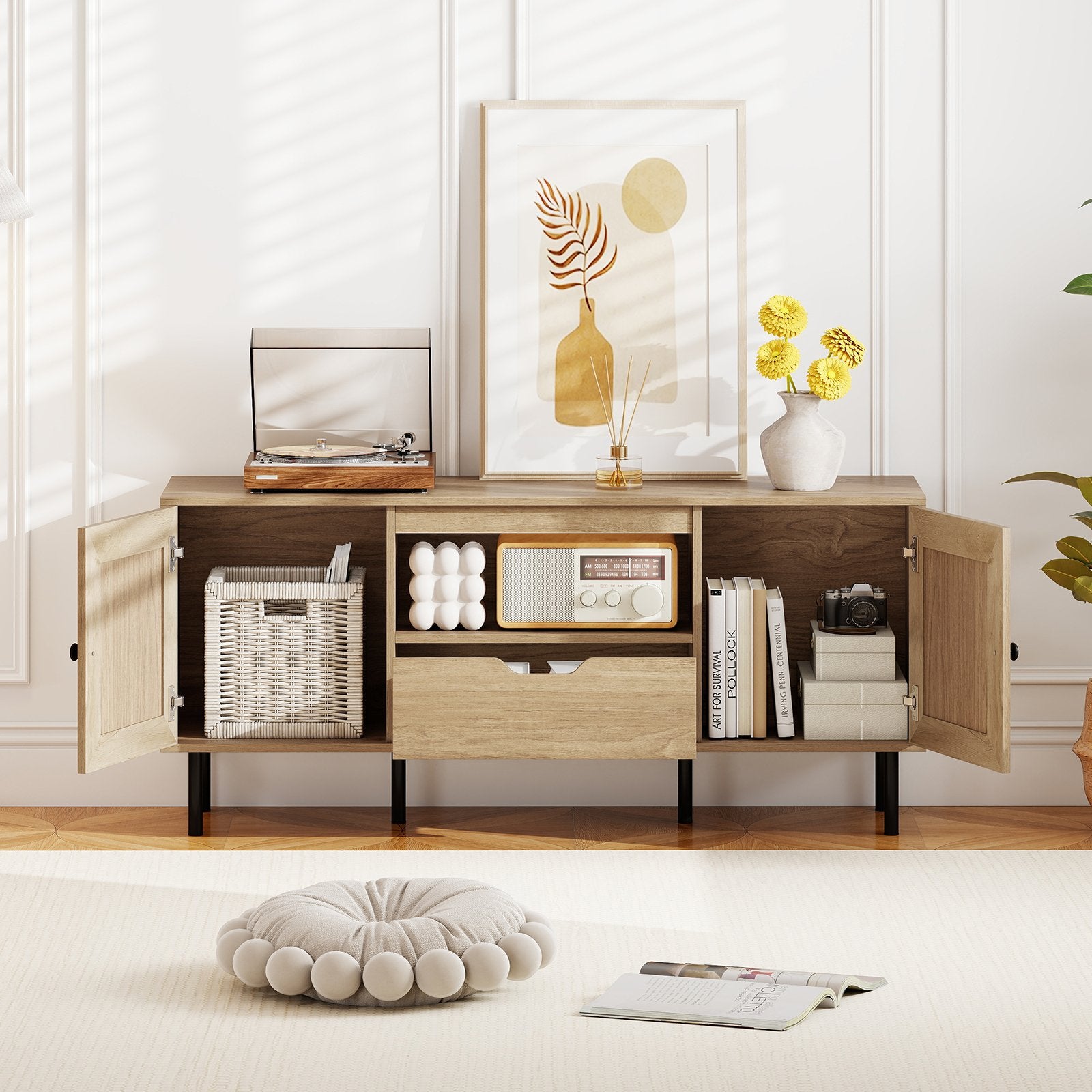 Boho TV Stand for 60 Inch TV Entertainment Center with Cabinets and Storage Shelf, Natural Entertainment Centers & TV Stands at Gallery Canada