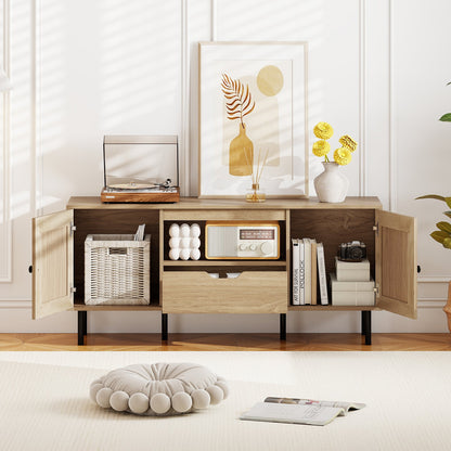 Boho TV Stand for 60 Inch TV Entertainment Center with Cabinets and Storage Shelf, Natural Entertainment Centers & TV Stands at Gallery Canada