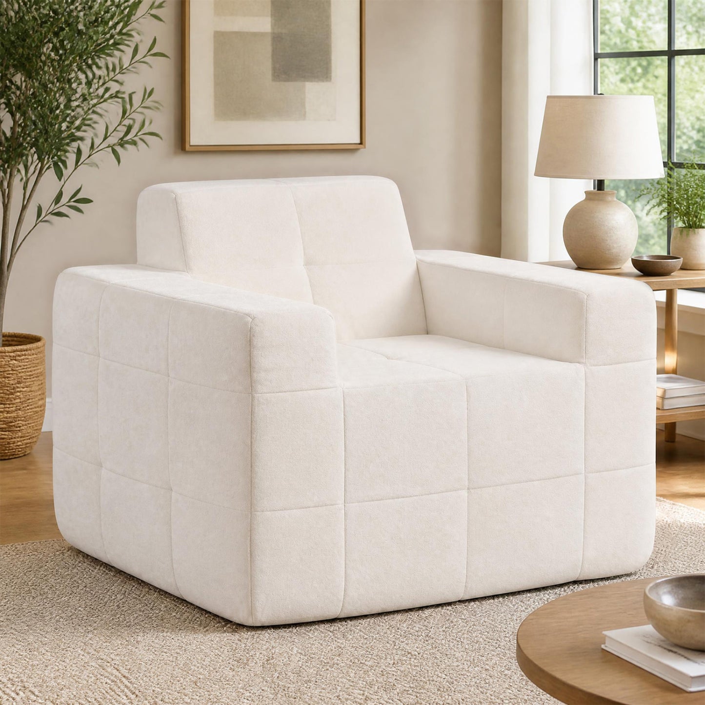 Boneless Single Sofa Chair Terry Cloth Upholstery, Beige