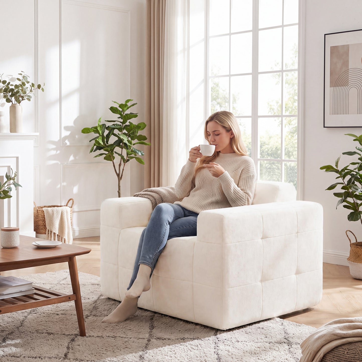 Boneless Single Sofa Chair Terry Cloth Upholstery, Beige