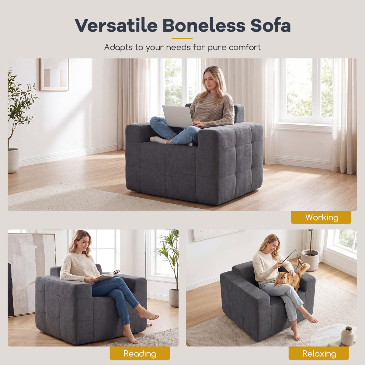 Boneless Single Sofa Chair Terry Cloth Upholstery, Grey