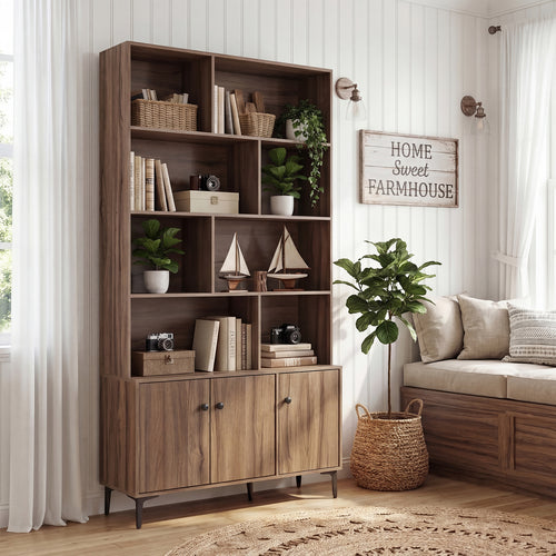 3 Door Bookshelf With Anti-Tipping Kits, Walnut