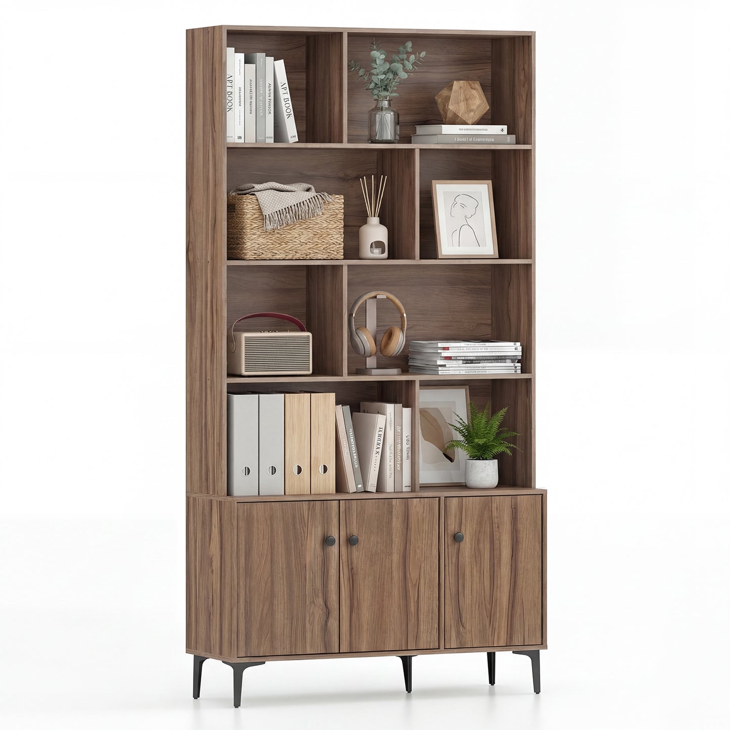 3 Door Bookshelf With Anti-Tipping Kits, Walnut Bookcases Walnut at Gallery Canada