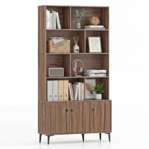 3 Door Bookshelf With Anti-Tipping Kits, Walnut