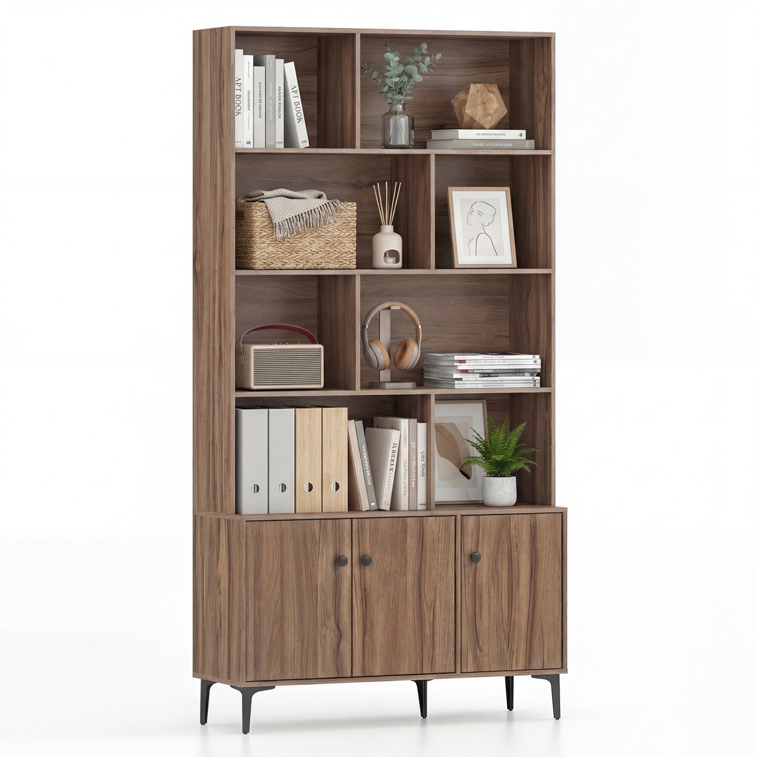 3 Door Bookshelf With Anti-Tipping Kits, Walnut Bookcases Walnut at Gallery Canada