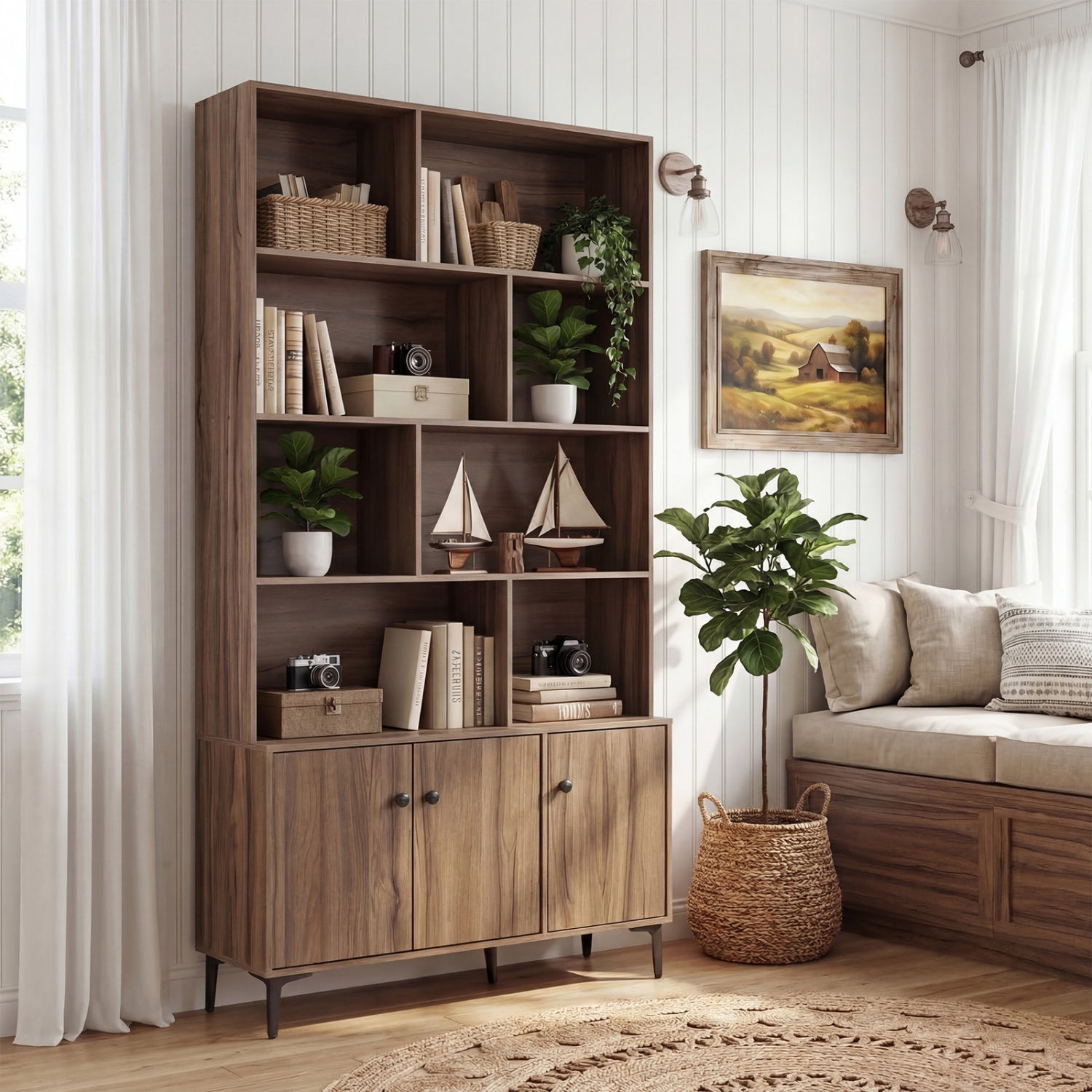 3 Door Bookshelf With Anti-Tipping Kits, Walnut Bookcases at Gallery Canada