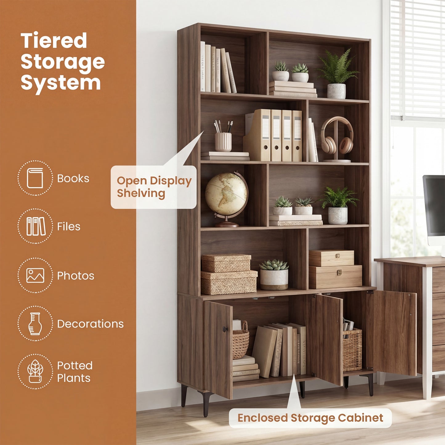 3 Door Bookshelf With Anti-Tipping Kits, Walnut Bookcases at Gallery Canada