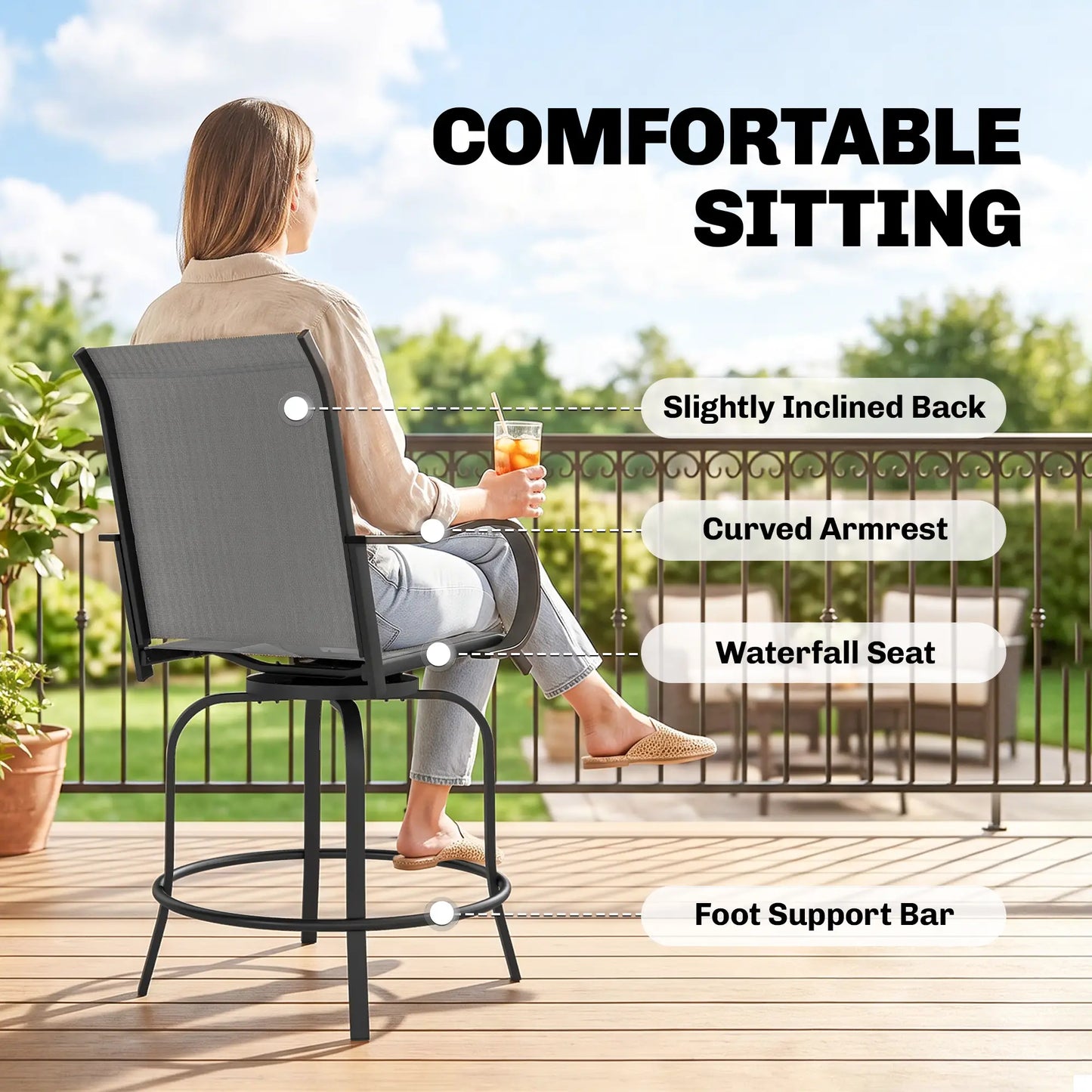 Outdoor Bar Stools Set of 2, 360° Swivel, 26.8" x 29.5" x 48.4", Grey Bistro Sets at Gallery Canada