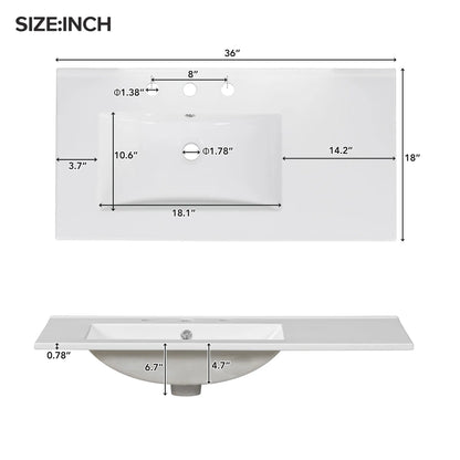 Bathroom Vanity, Ceramic Sink, 2 Soft Close Doors, 5 Drawers, 36" L x 18" W x 34" H, White Sink Cabinets at Gallery Canada